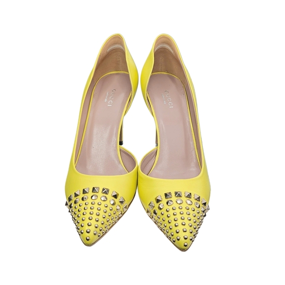 GUCCI Studded Captoe D'Orsay Pumps In Soft Yellow Leather - Picture 3 of 12